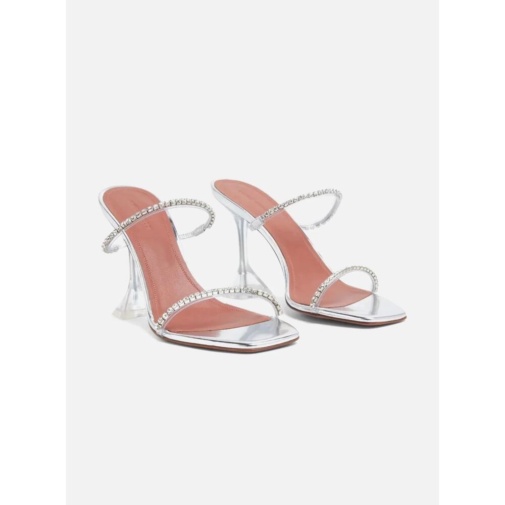 Amina Muaddi Gilda Crystal Embellished PVC Silver Leather Mules Lucite Heels 38